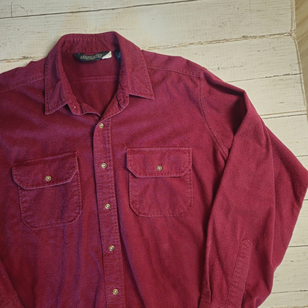Vintage Lands End 1980s Solid Flannel Burgundy Button Up Size Large USA